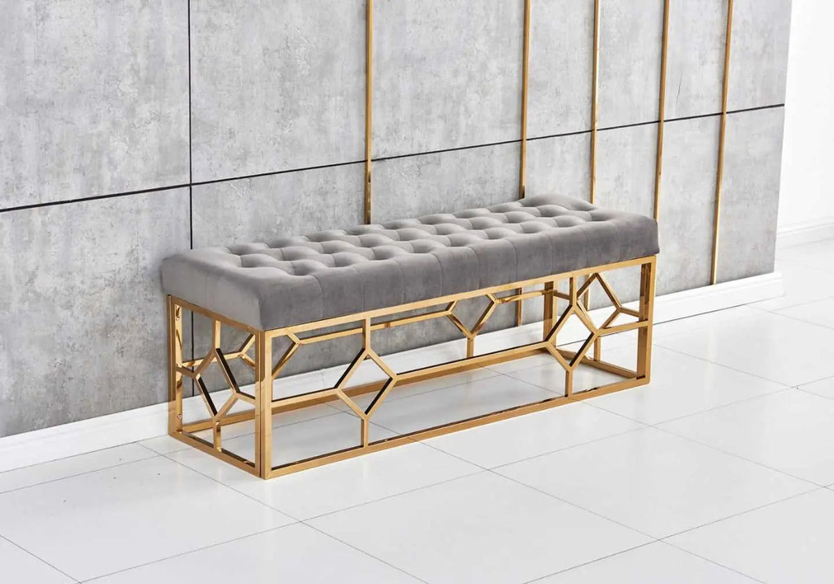 Banc design capitonné gris et métal doré | Novia