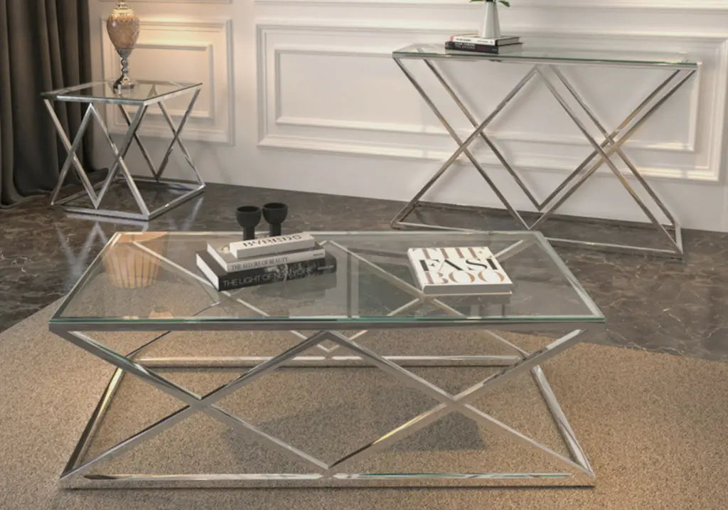 Bout de canapé design verre et acier argenté | Vexta