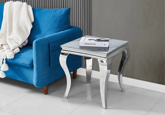 Bout de canapé design marbre gris et inox chromé | Halo