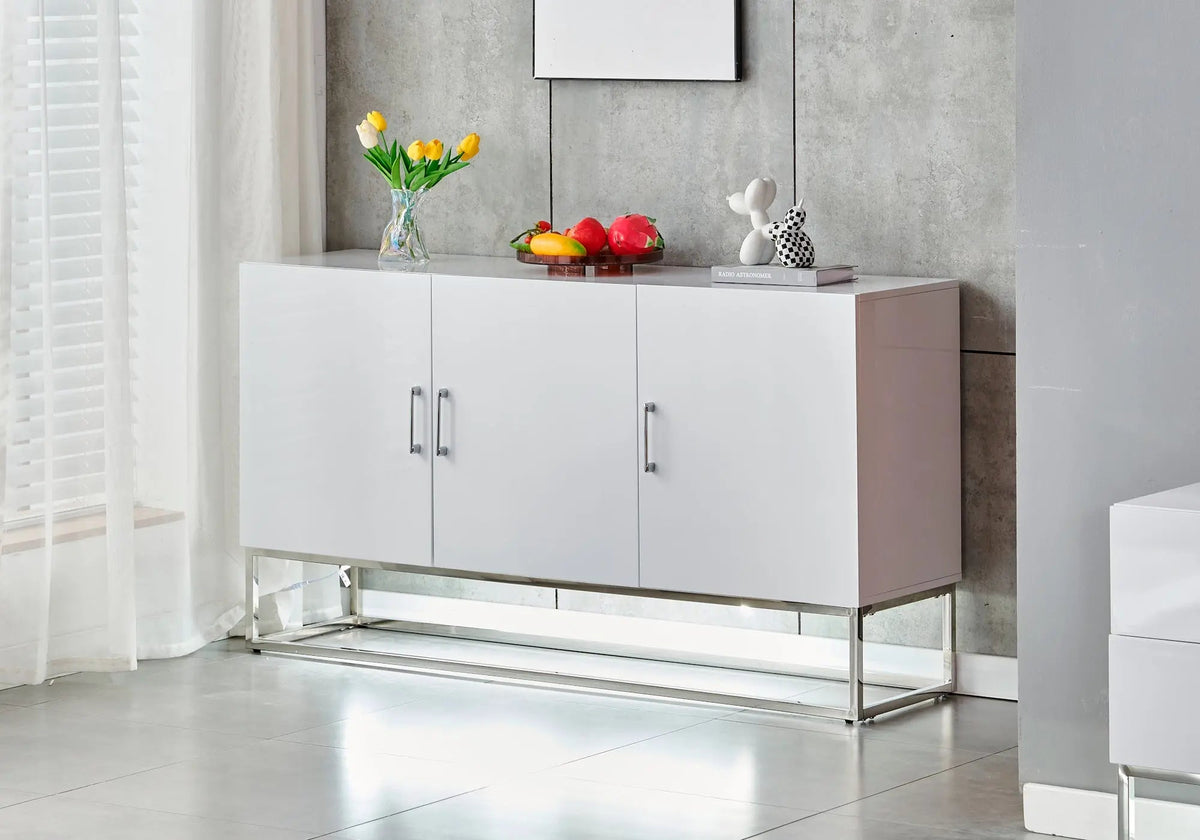 Buffet design laqué blanc brillant et pieds argent | Zumi