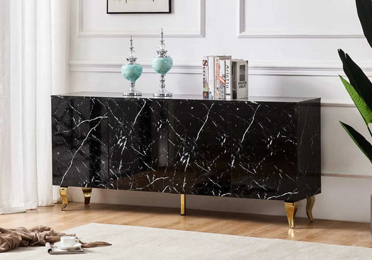 Buffet de salon design marbre noir laqué et doré | Zurik