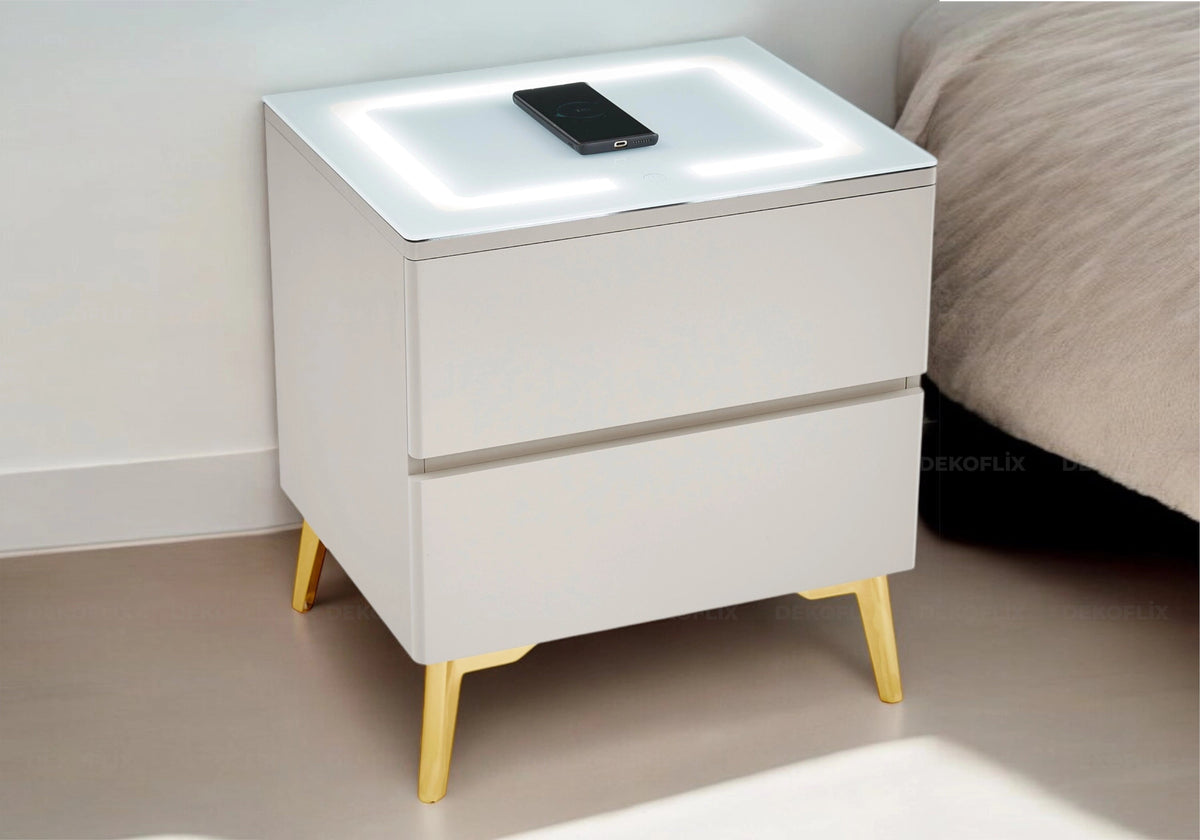 Table de chevet taupe et dorée avec led et chargeur | Vexis
