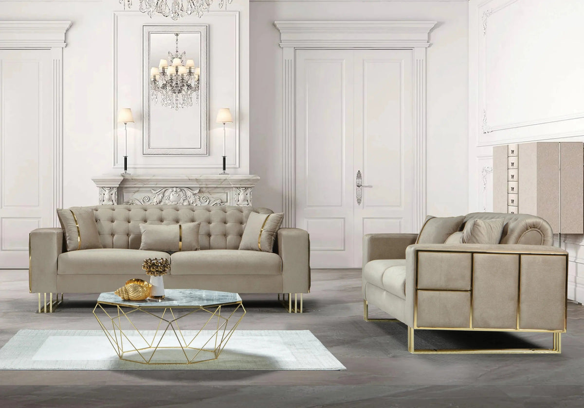 Canapé design capitonné velours beige et métal doré | Ribella