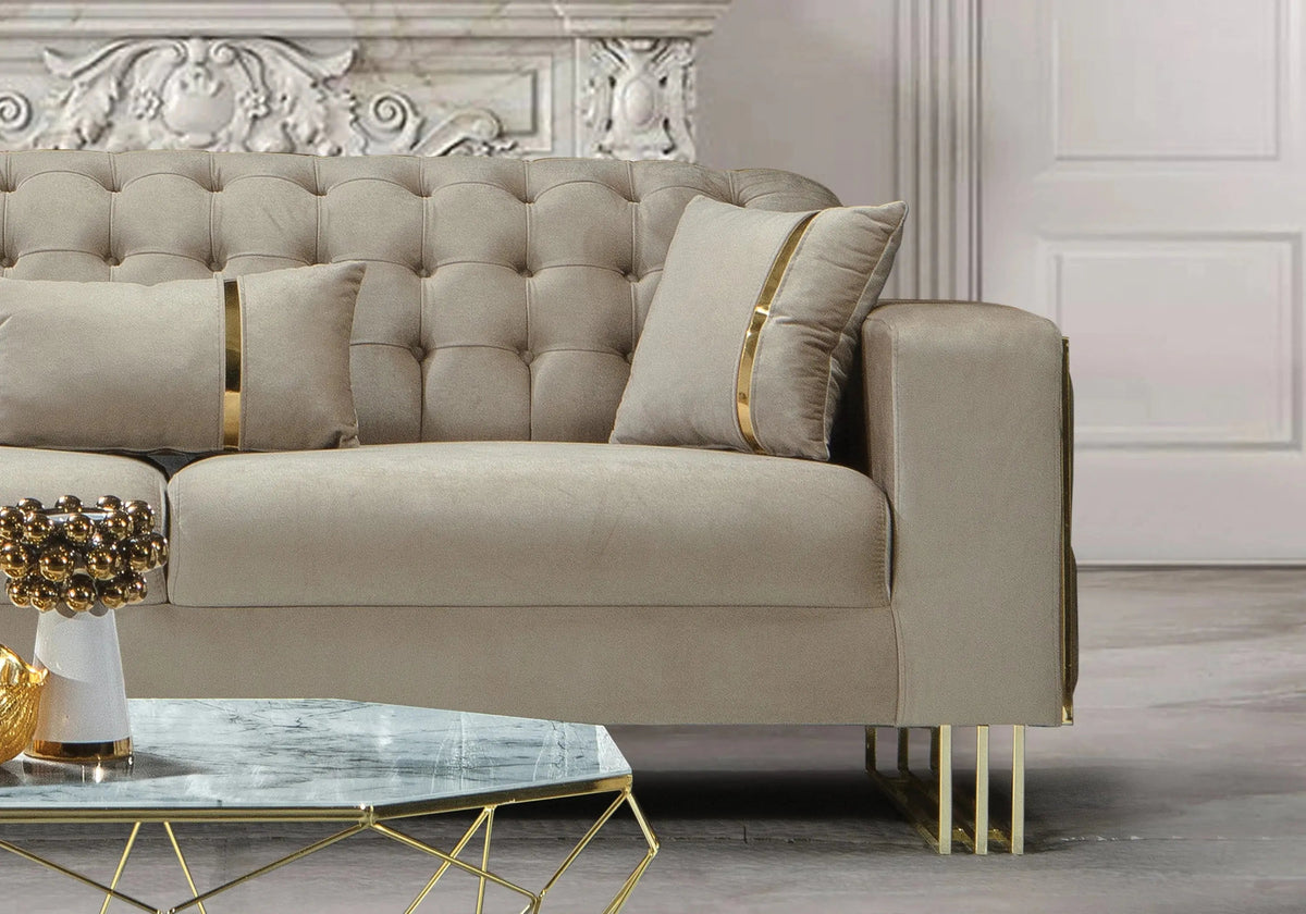 Canapé design capitonné velours beige et métal doré | Ribella