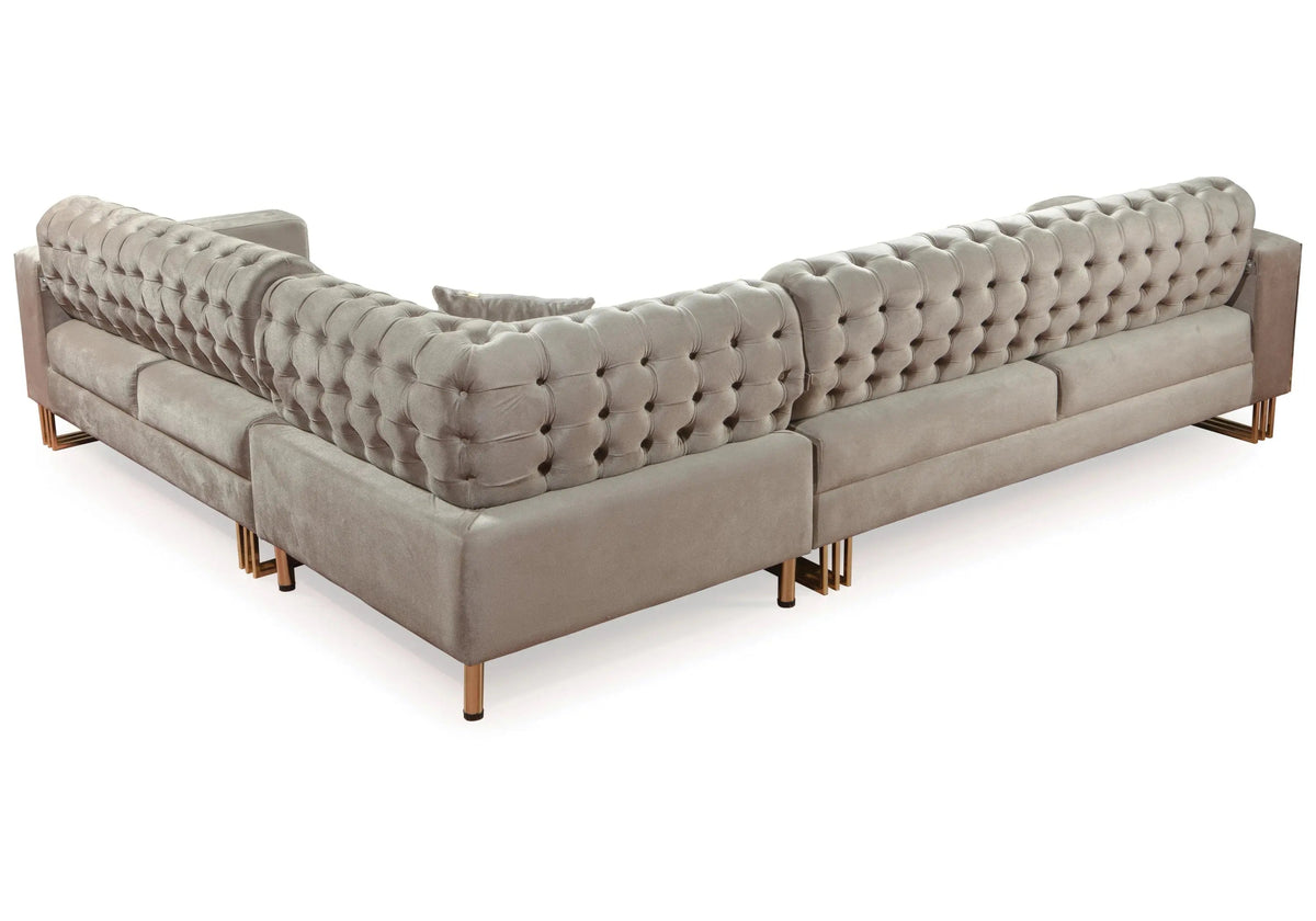 Canapé design capitonné velours beige et métal doré | Ribella