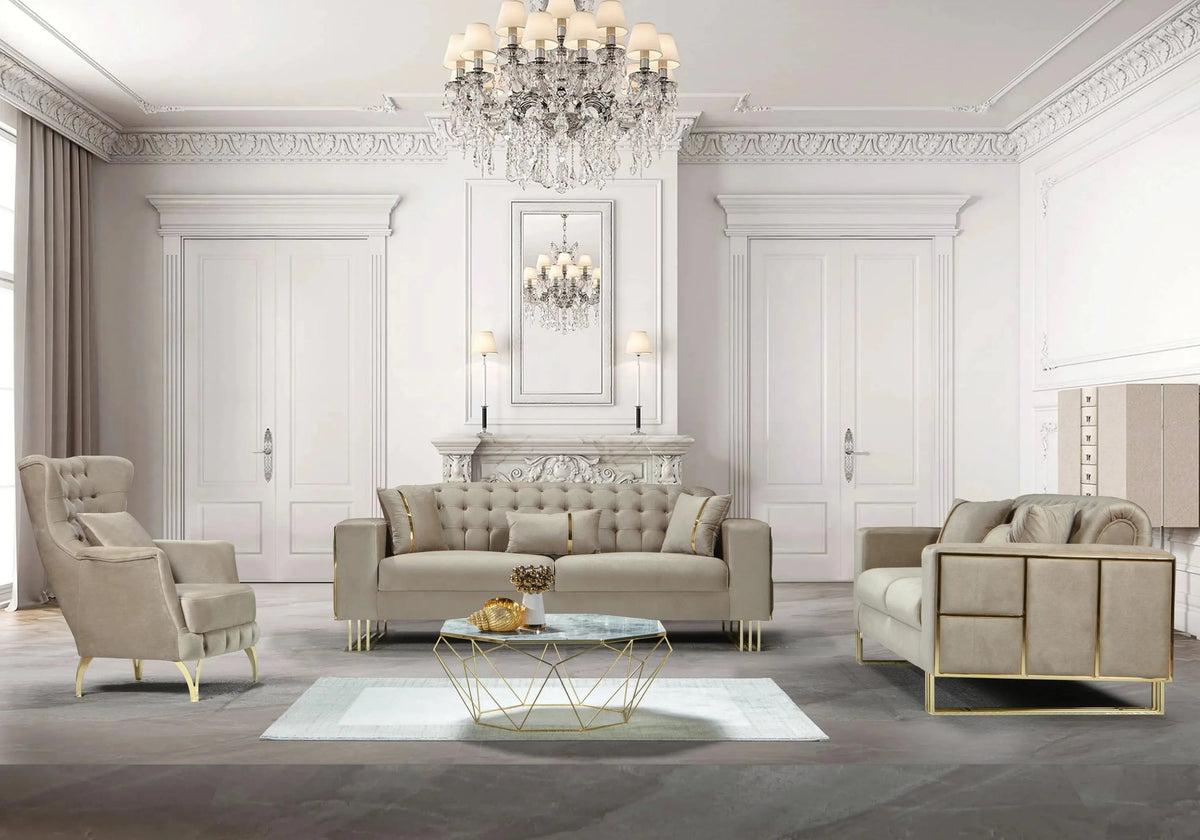Canapé d'angle capitonné en velours beige | Ribella