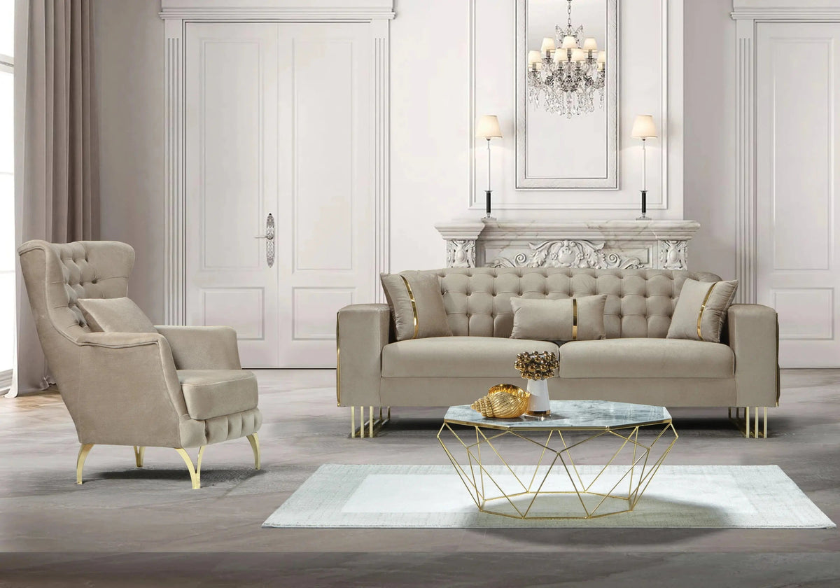 Canapé design capitonné velours beige et métal doré | Ribella
