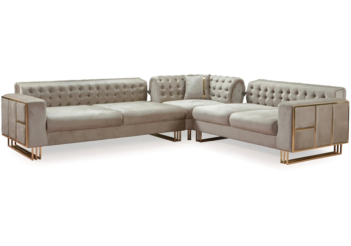 Canapé design capitonné velours beige et métal doré | Ribella