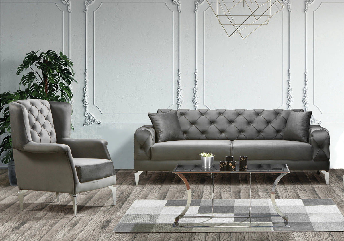 canape chesterfield velours gris argent ella - Vue 1 - KOORIS