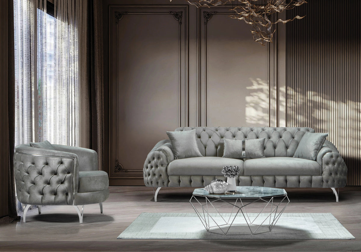 canape capitonne velours gris argent bella - Vue 1 - KOORIS