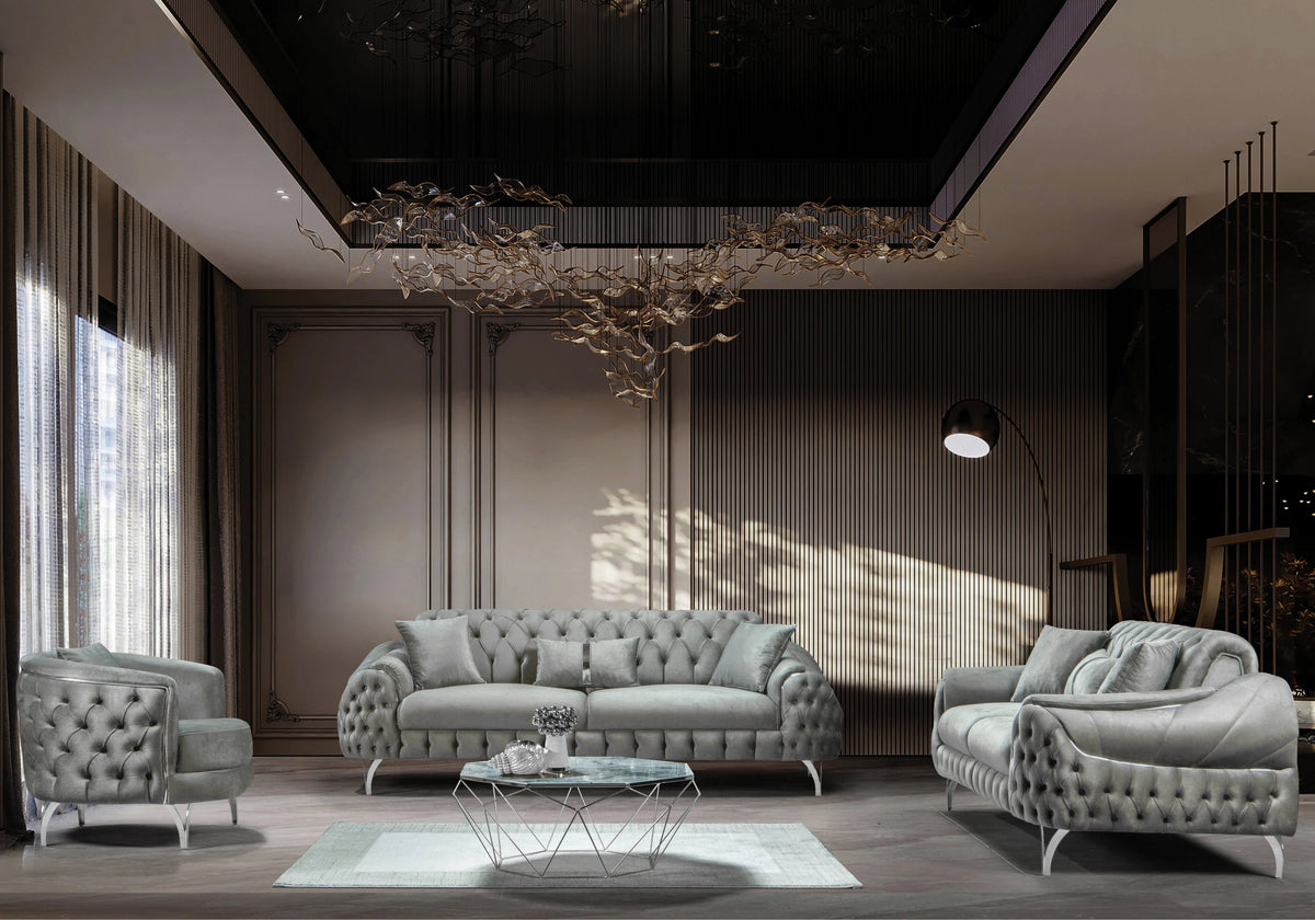 canape capitonne velours gris argent bella - Vue 2 - KOORIS