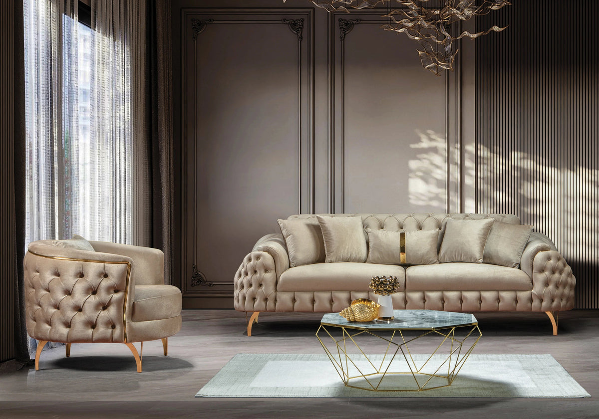 canape capitonne velours beige dore bella - Vue 1 - KOORIS