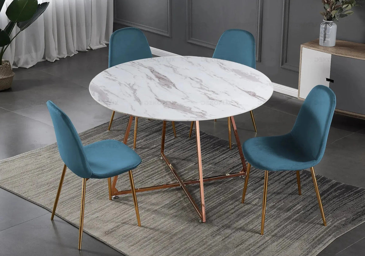 Ensemble table ronde marbre et 4 chaises velours | Nico