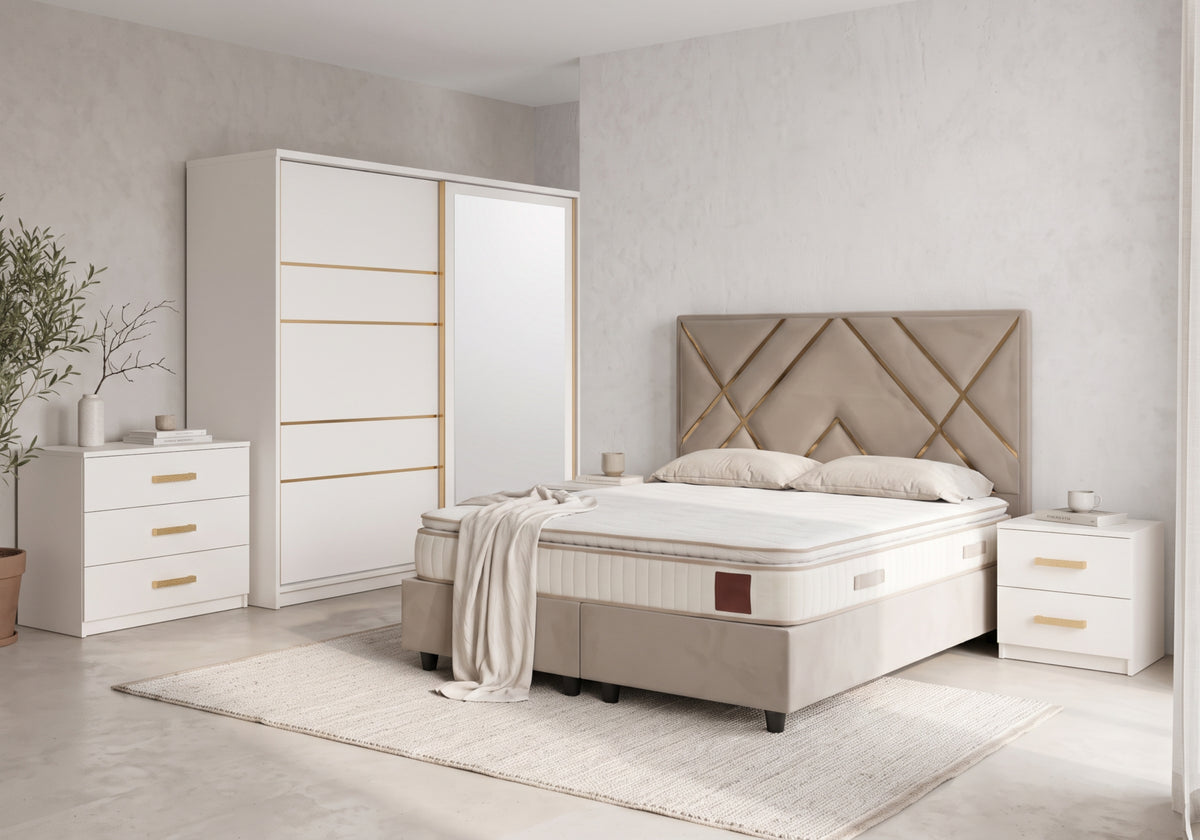 Chambre complète lit coffre armoire 180 beige | Toronto