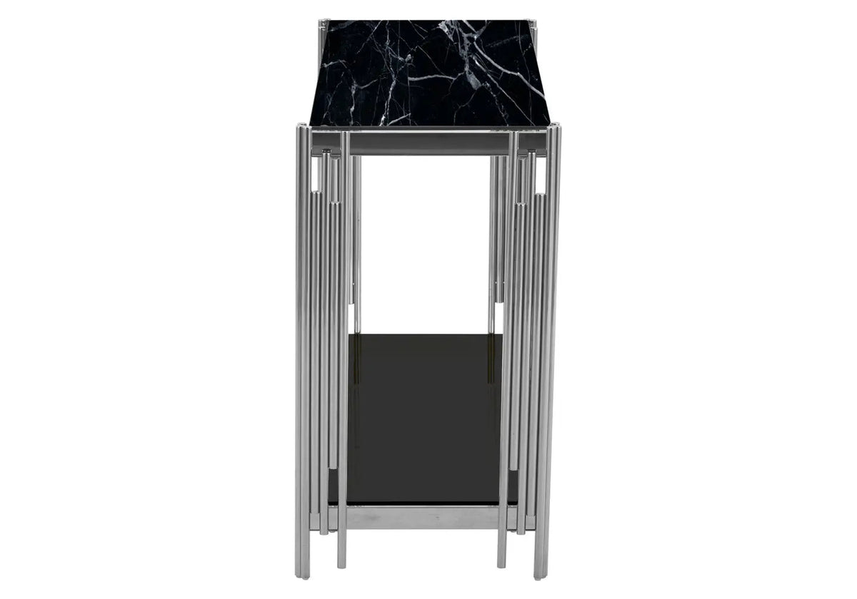 Console design argentée et verre effet marbre noir | Zalys
