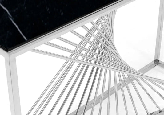Console design en métal argenté et marbre noir | Cael