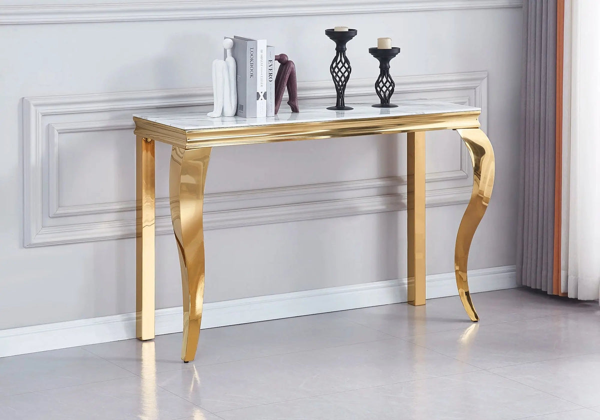 Console dorée avec plateau effet marbre blanc | Solix