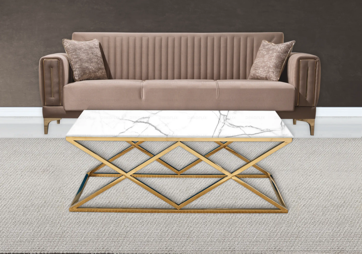 Table basse effet marbre blanc et pied doré | Vexta