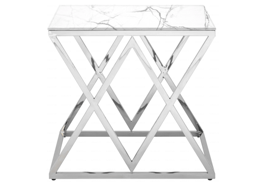 Bout de canapé design marbre blanc et acier argenté | Vexta