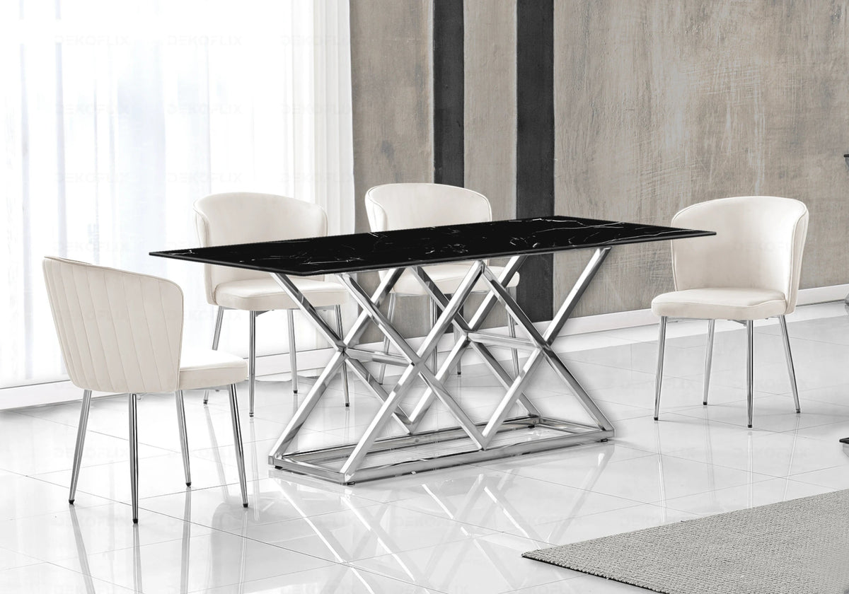 Ensemble table marbre noir et chaises velours | Vexta