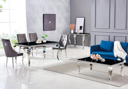 Table marbre noir et chaises capitonnées argent | Halo