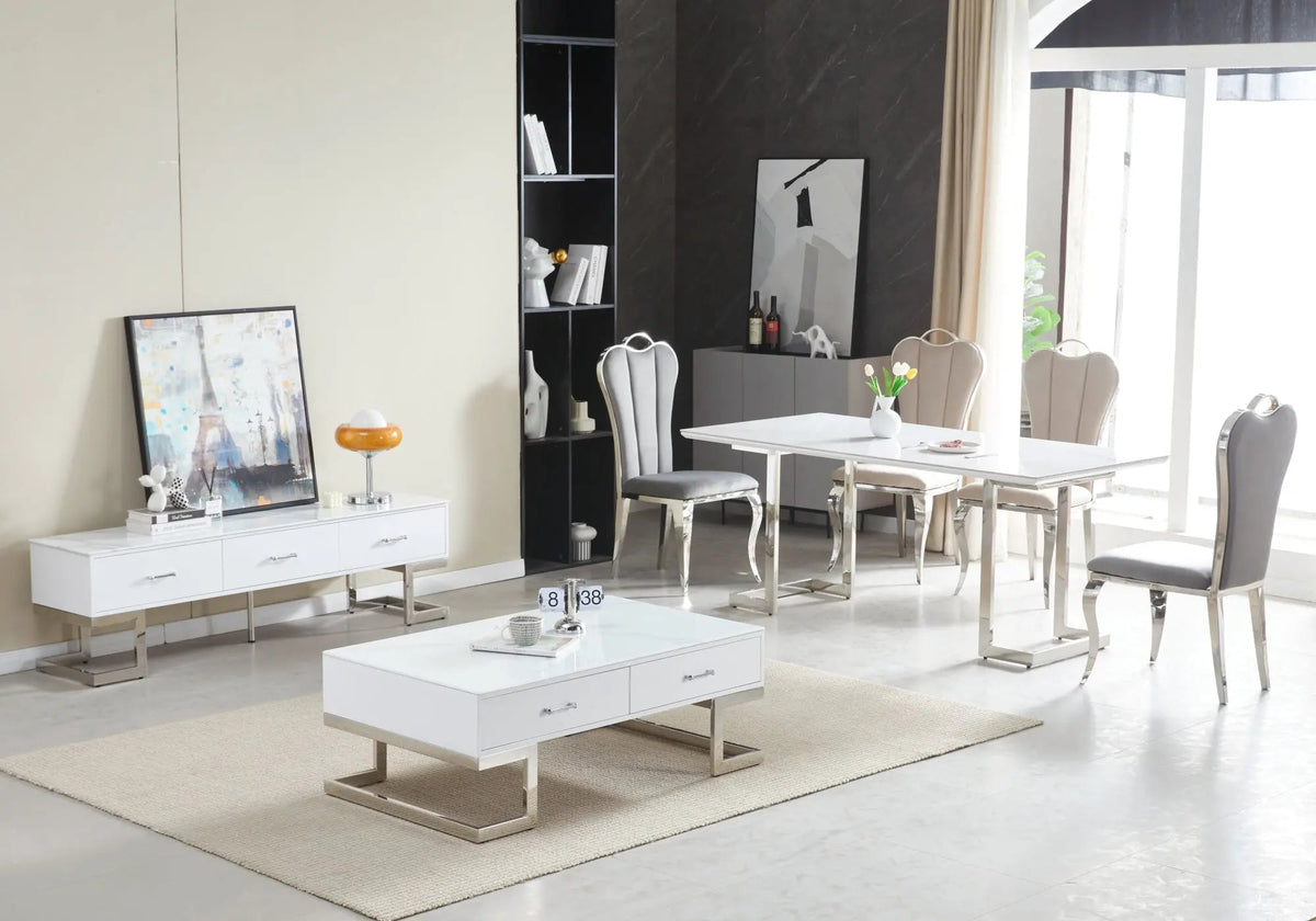 Ensemble table céramique marbre blanc et 4 chaises | Veyra