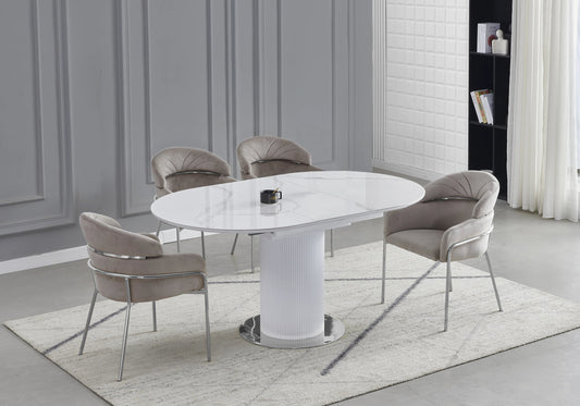Ensemble table marbre blanc et 4 chaises taupe | Xavi