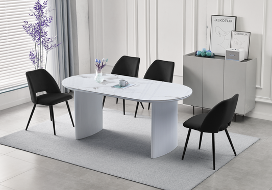 Ensemble table marbre beige et chaises noires | Zivo