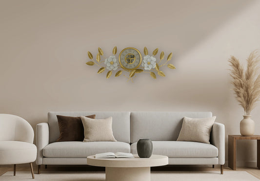 Horloge murale silencieuse fleur dorée et blanche | Vexta