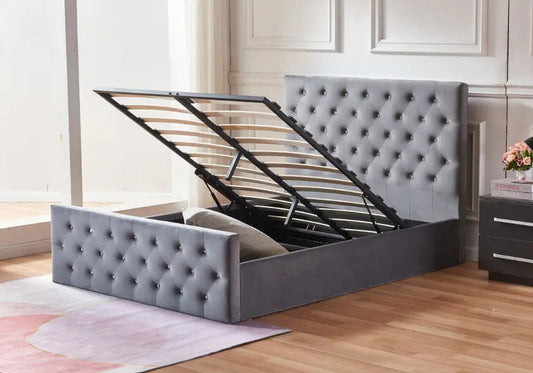 Lit coffre capitonné gris avec sommier relevable | Zelar