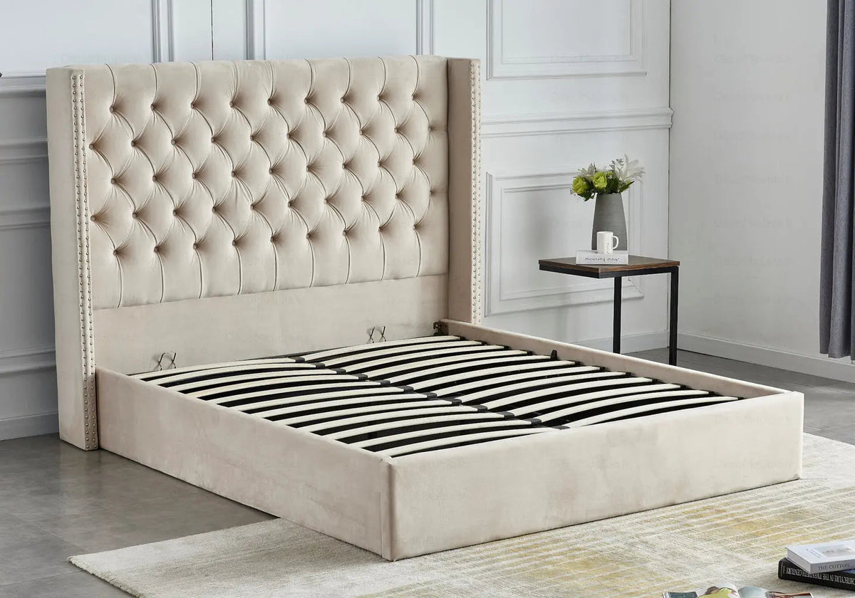 Lit coffre de rangement capitonné beige | Velar