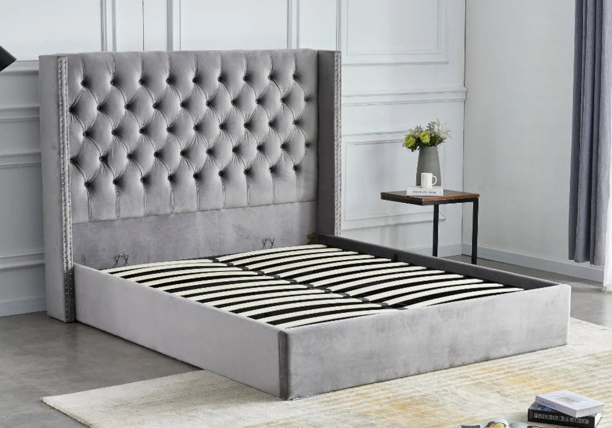 Lit coffre capitonné en gris avec rangement | Velar