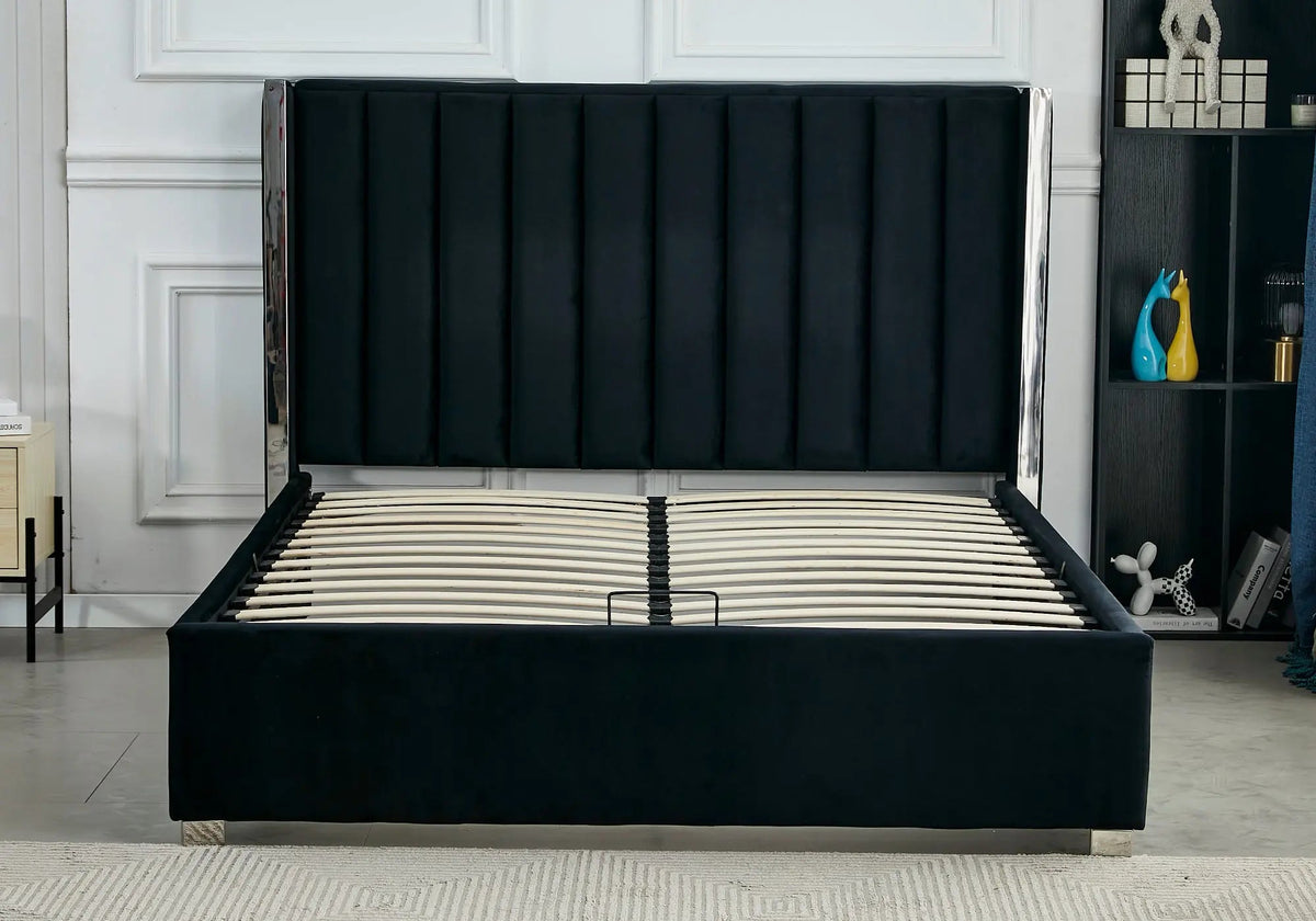 Ensemble lit coffre noir argenté et matelas ressorts | Zyra