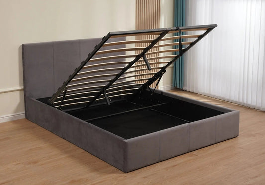Lit coffre 140 cm gris avec tête de lit | Vexta