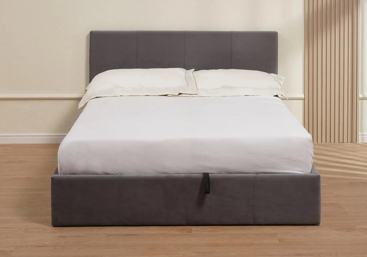Lit coffre 140 cm gris avec tête de lit | Vexta