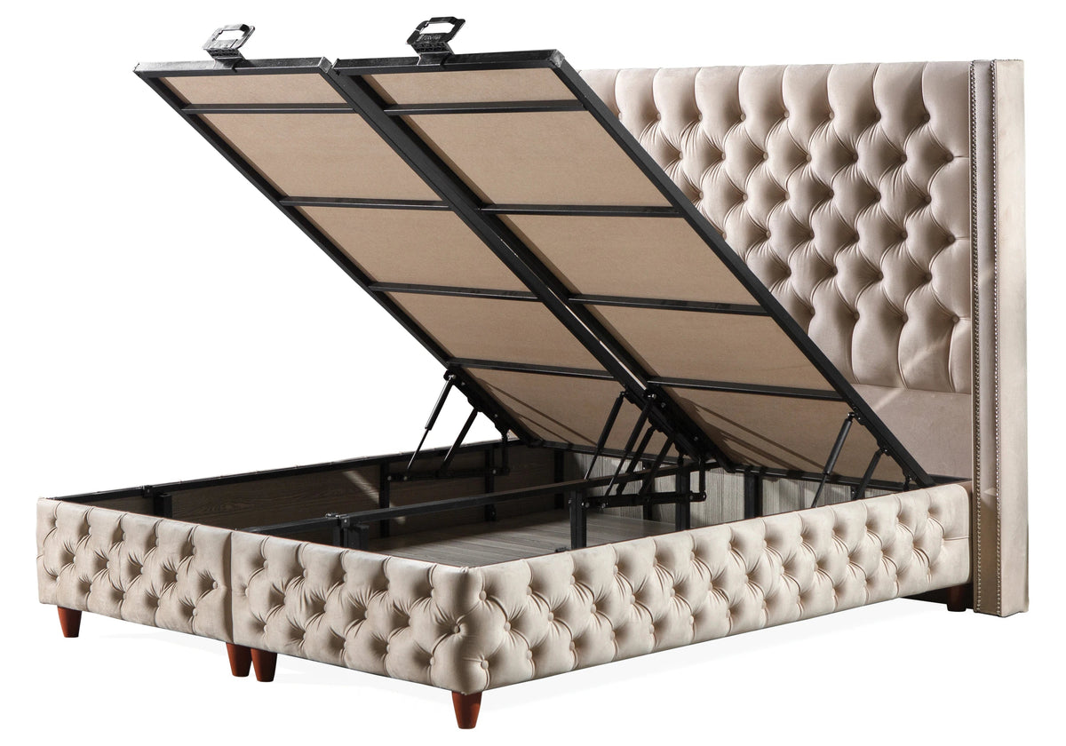 lit coffre relevable velours beige capitonne star - Vue 2 - KOORIS