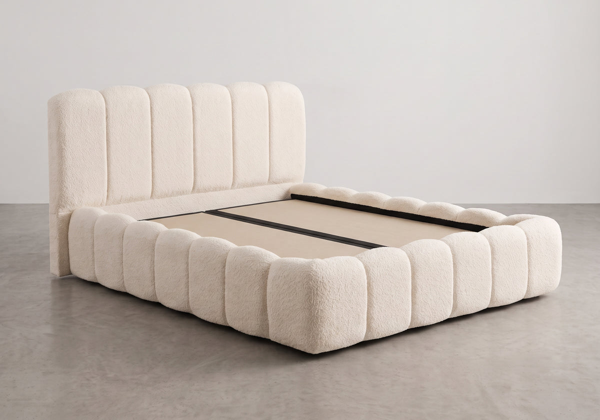 Lit coffre relevable en bouclette beige | Puffy
