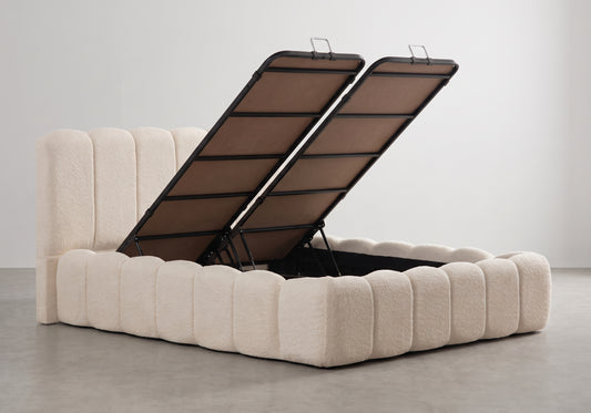 Lit coffre relevable en bouclette beige | Puffy