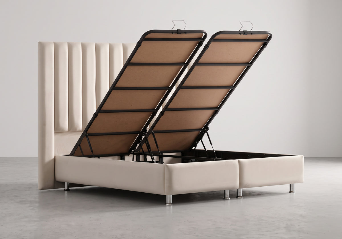 Lit coffre relevable velours beige cannelé | Stria