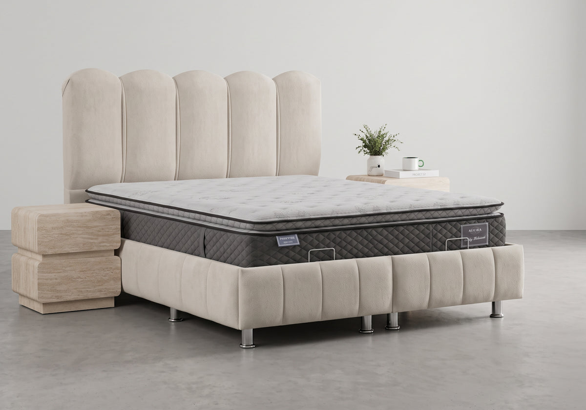 Lit coffre velours beige cannelé arrondi | Cozy