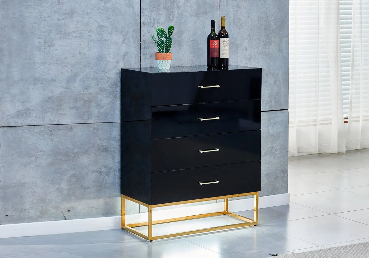 Meuble de rangement laqué noir et doré avec led | Zumi