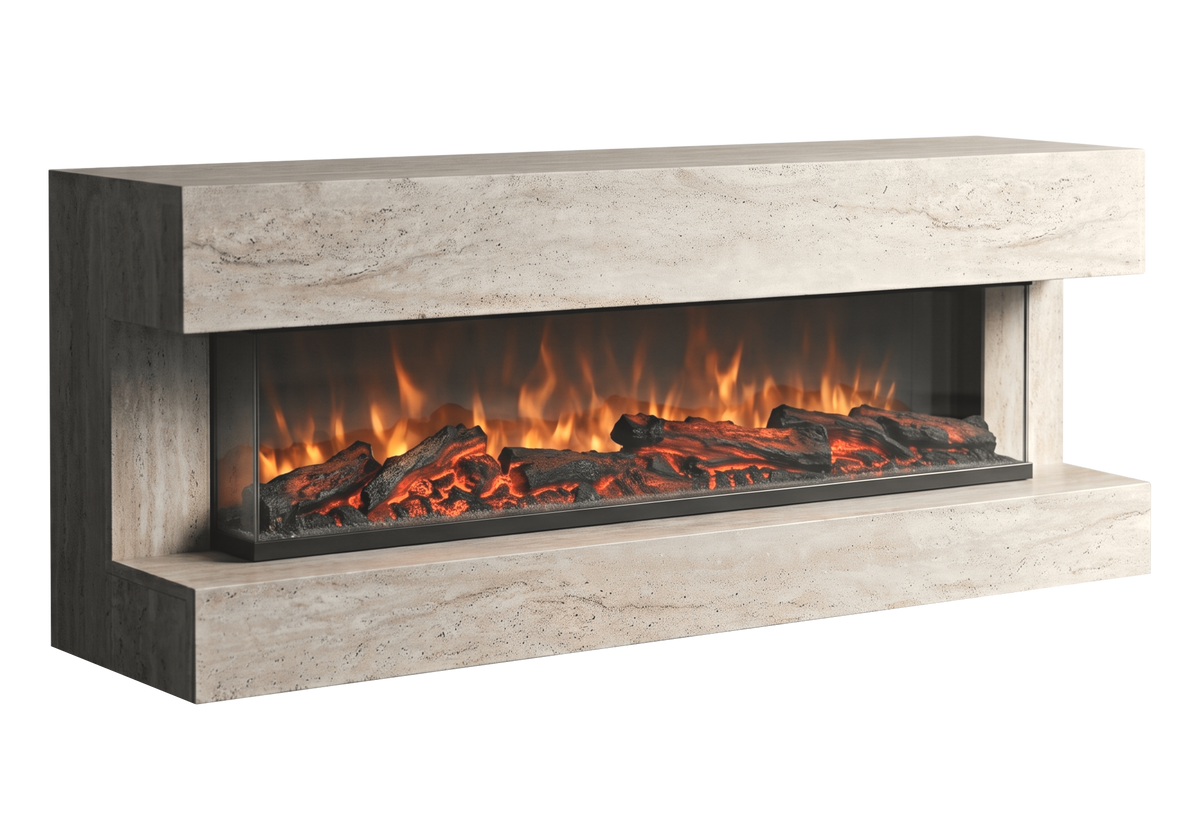 meuble tv cheminee electrique effet travertin axis - Vue 2 - KOORIS