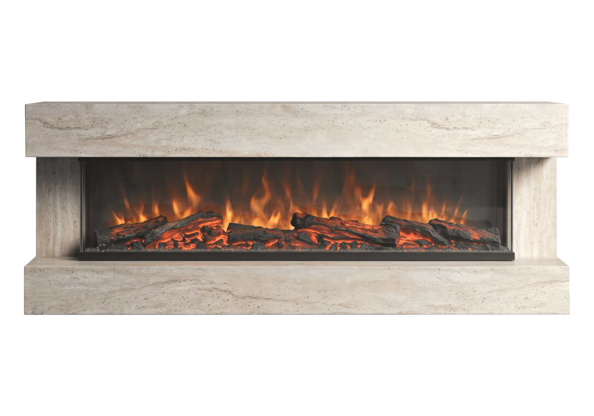 meuble tv cheminee electrique effet travertin axis - Vue 4 - KOORIS