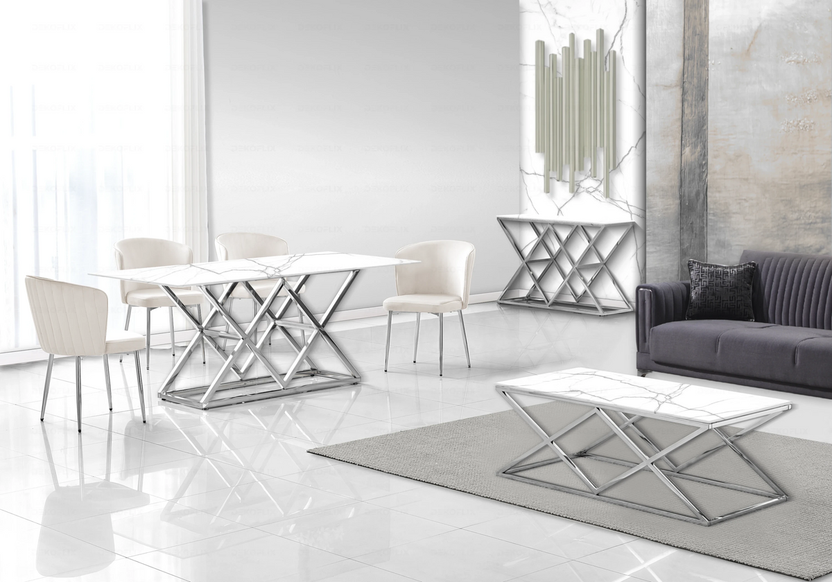Bout de canapé design marbre blanc et acier argenté | Vexta