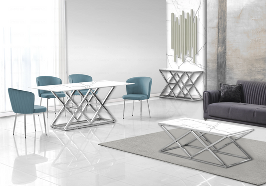 Salle à manger complète marbre blanc et argent | Vexta