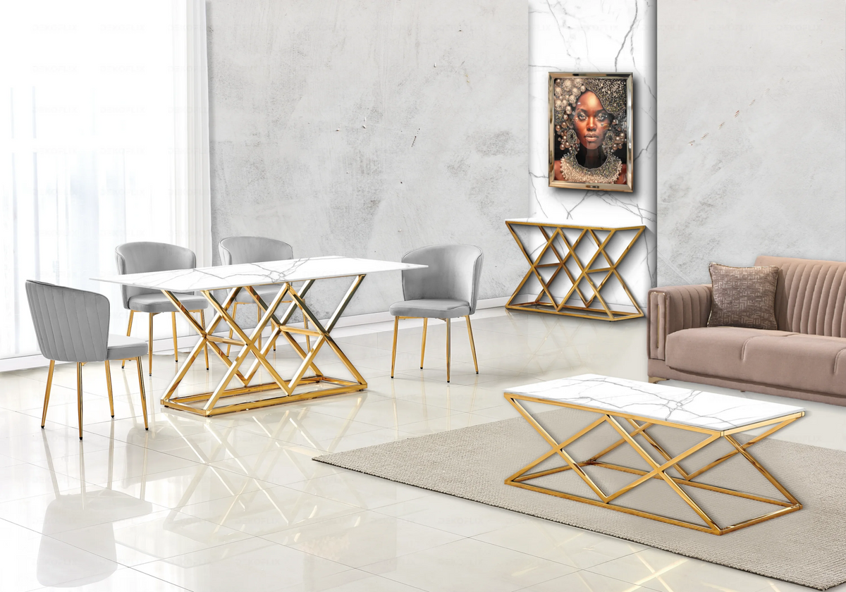 Ensemble table marbre blanc et chaises velours | Vexta