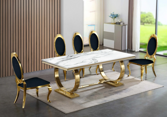 Table marbre blanc et 4 chaises médaillon doré | Zyra
