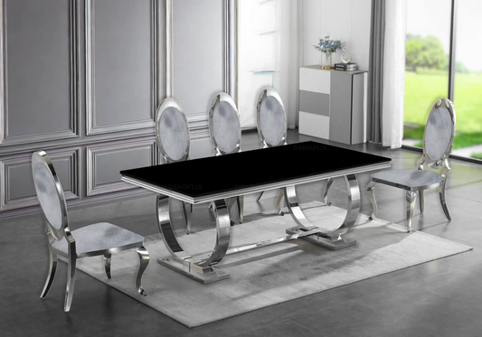 Table verre noir et 4 chaises médaillon argent | Zyra