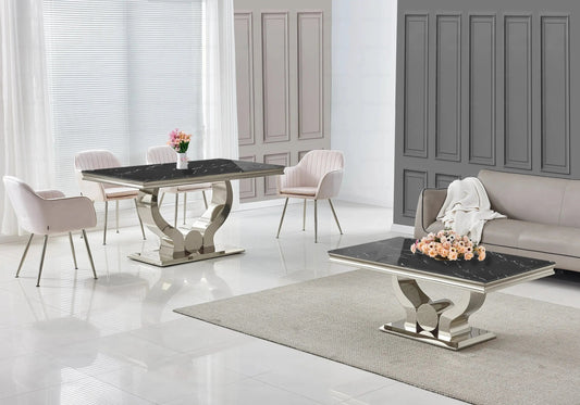 Salle à manger complète marbre noir et argent | Juno