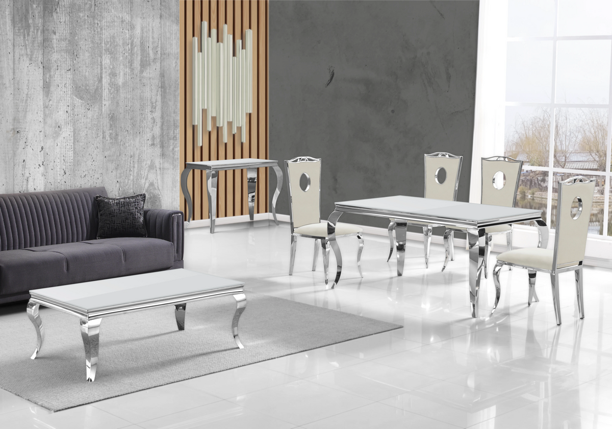 Table basse rectangulaire verre blanc et argent | Halo